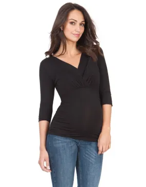Black 3/4 Sleeve Pleated Maternity & Nursing Top