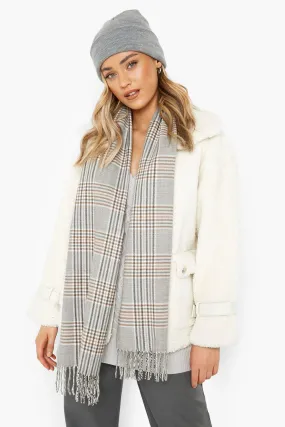 Blue Check Knit Fringe Scarf
