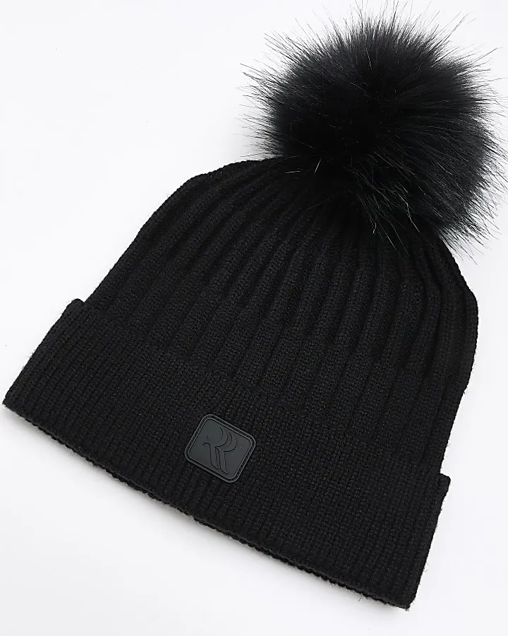 Boys Black Pom Pom Beanie Hat