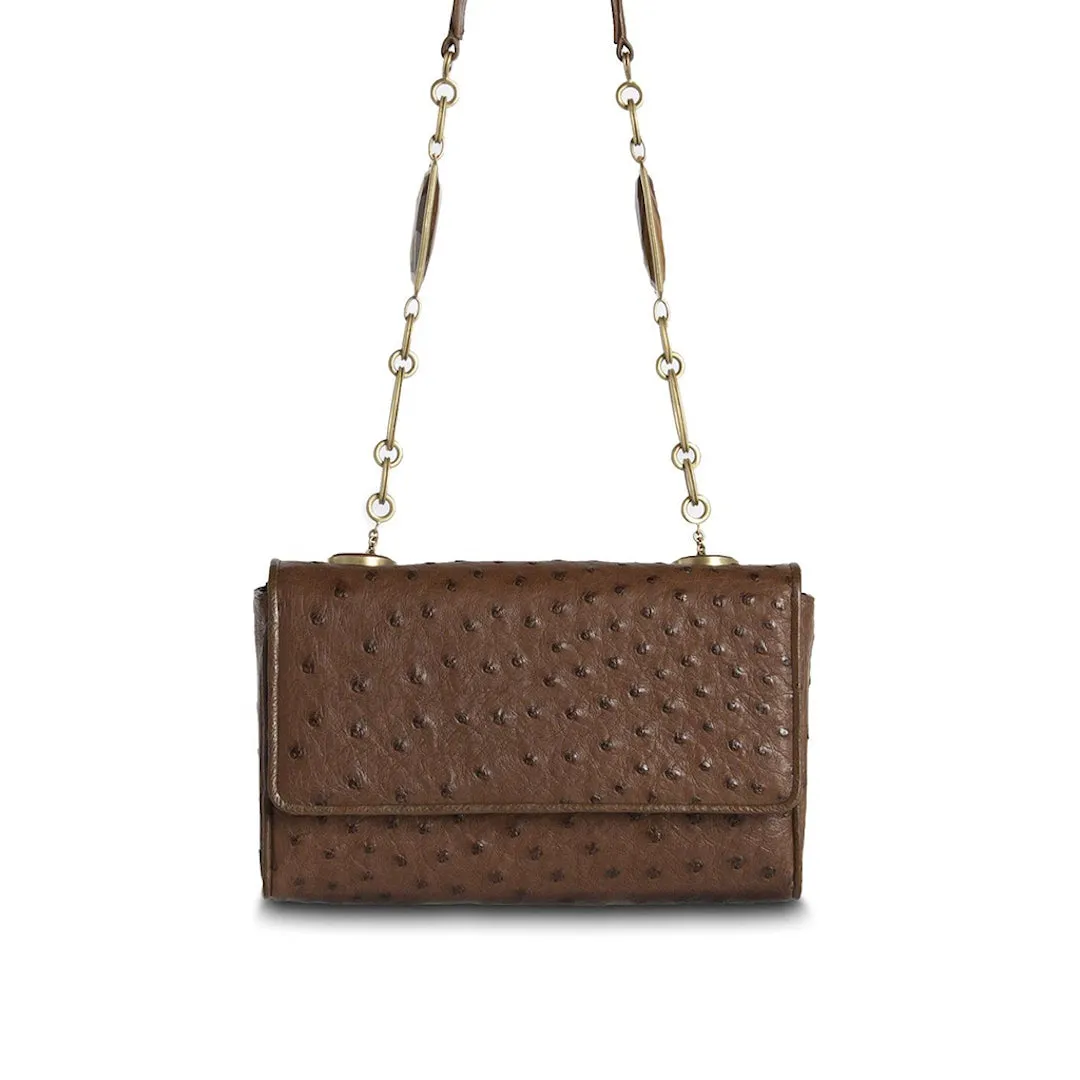 Chain & Jewel Shoulder Bag, Mini -Brown , Gemstone Accents