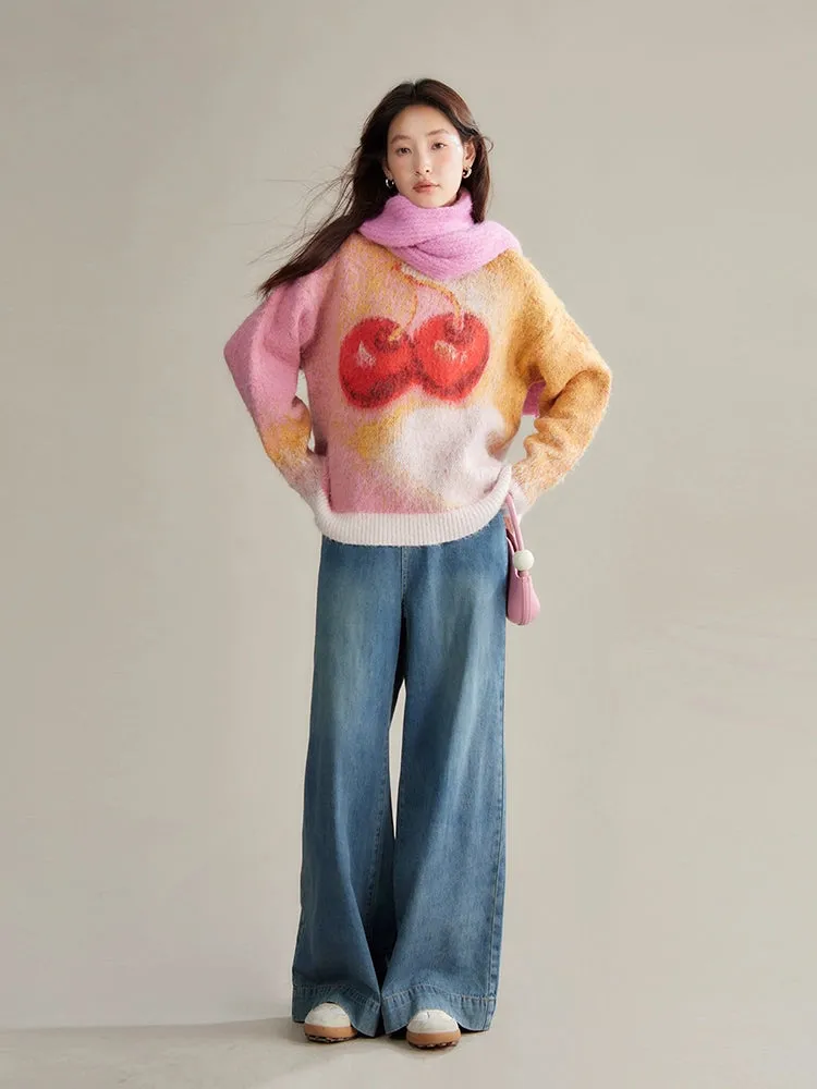 Cherry Gradient Jacquard Loose Pullover Sweater