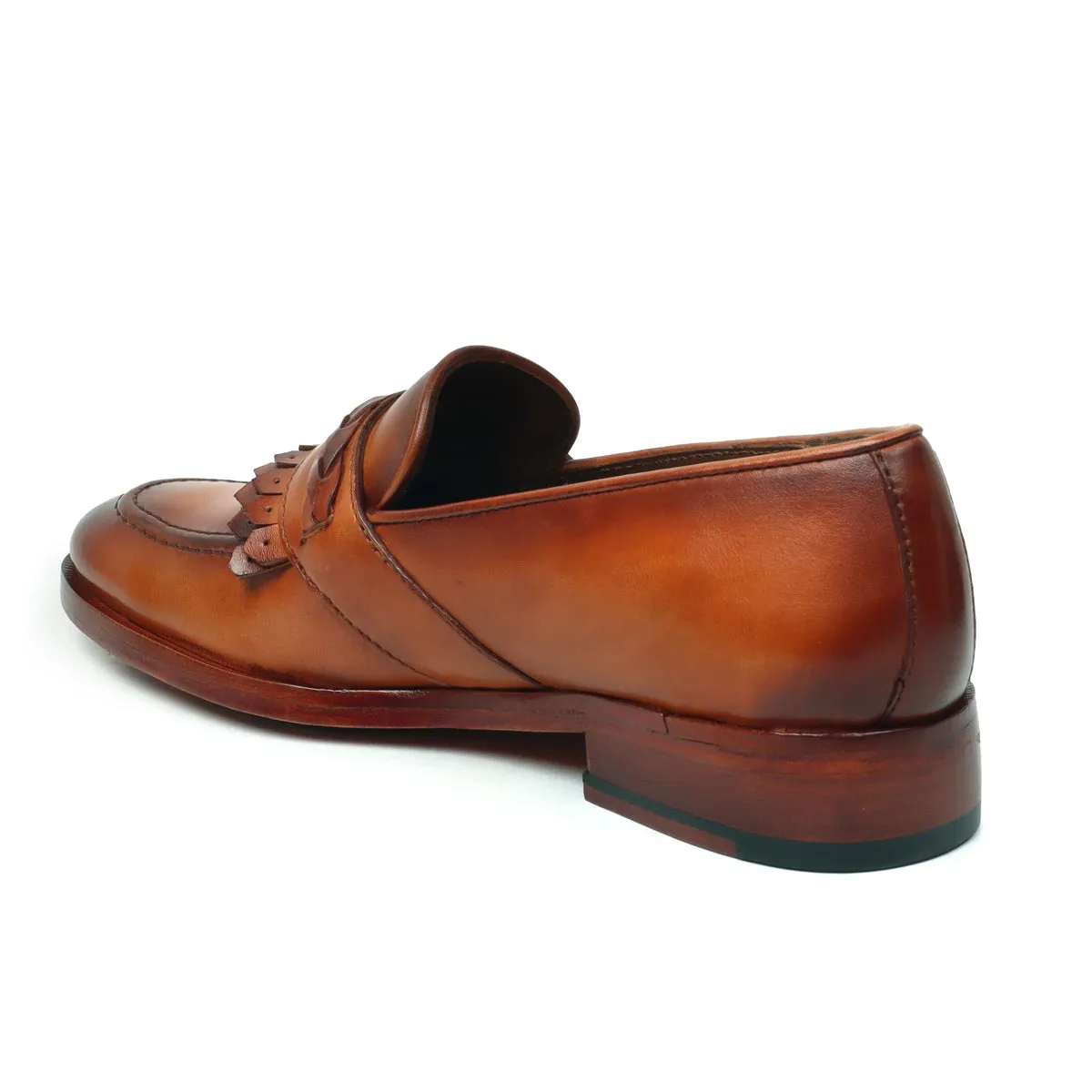 Dual Fringes Weaved Strip Slip-On Loafer in Tan Leather by Brune & Bareskin