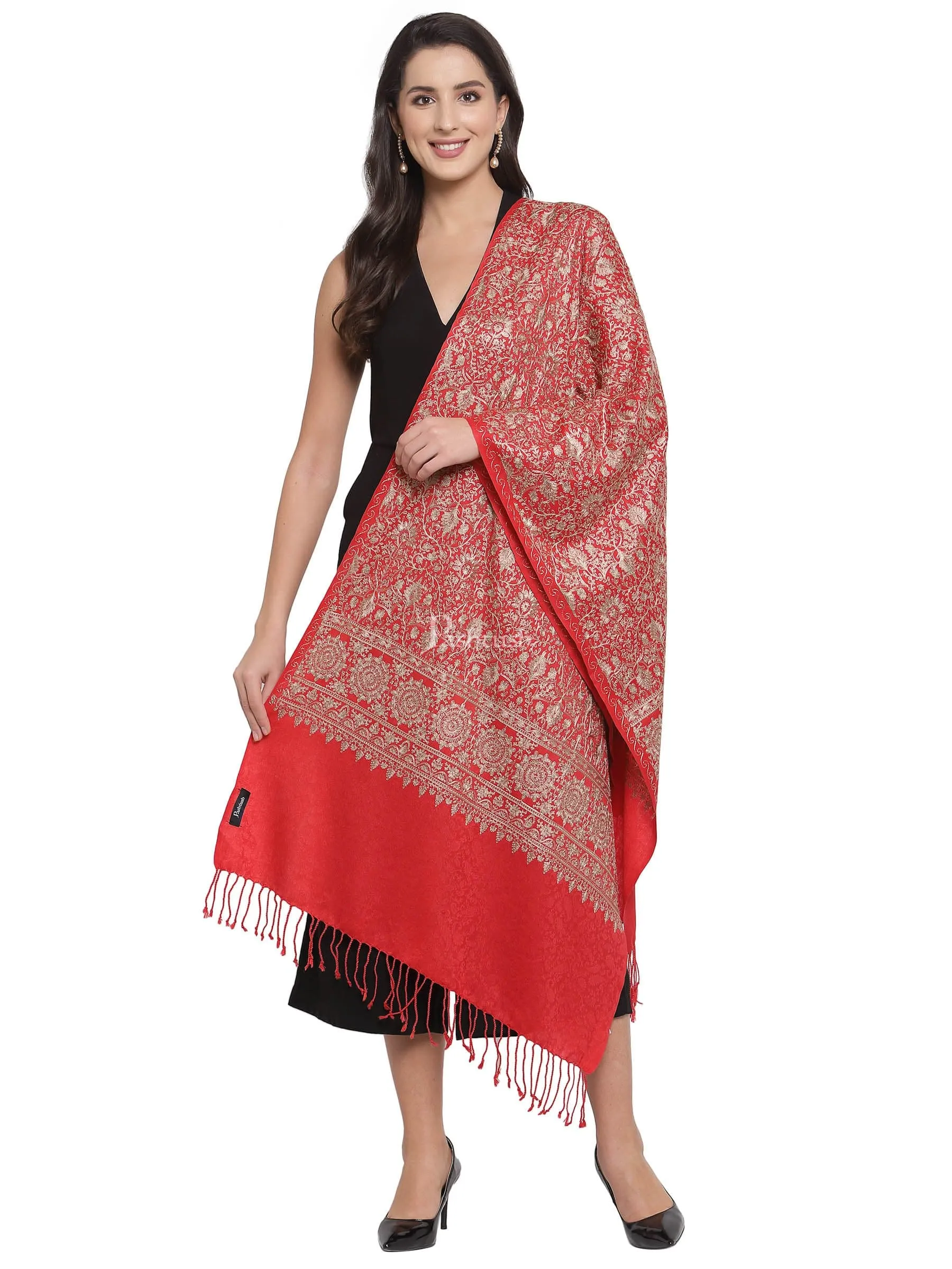 Pashtush Womens Fine Wool Stole With Nalki Embroidery, Red