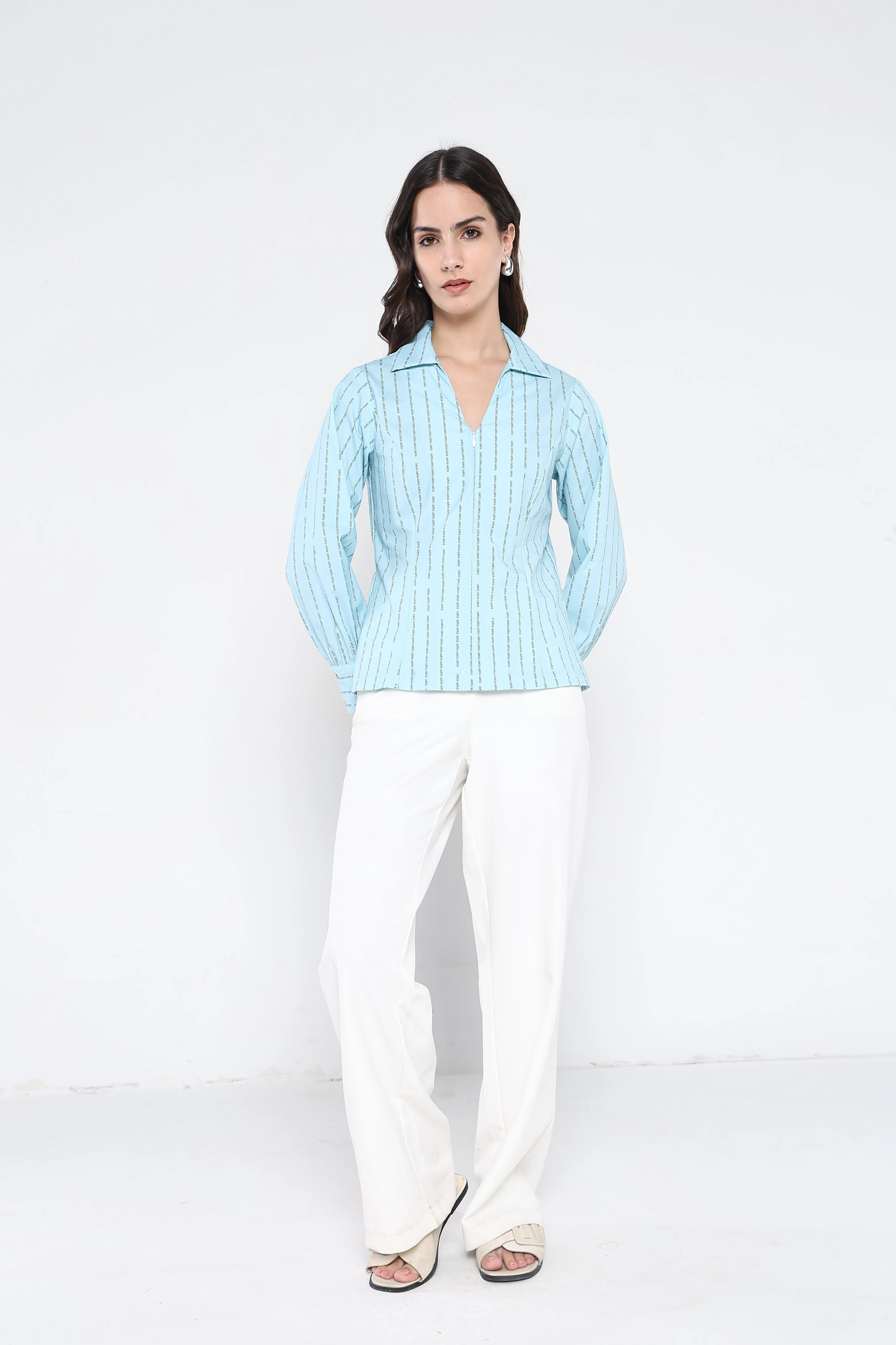 Rareism Women Pomo Light Blue Cotton Fabric Cuffed Sleeve Jonny Collar Zipper Closure Typography Top