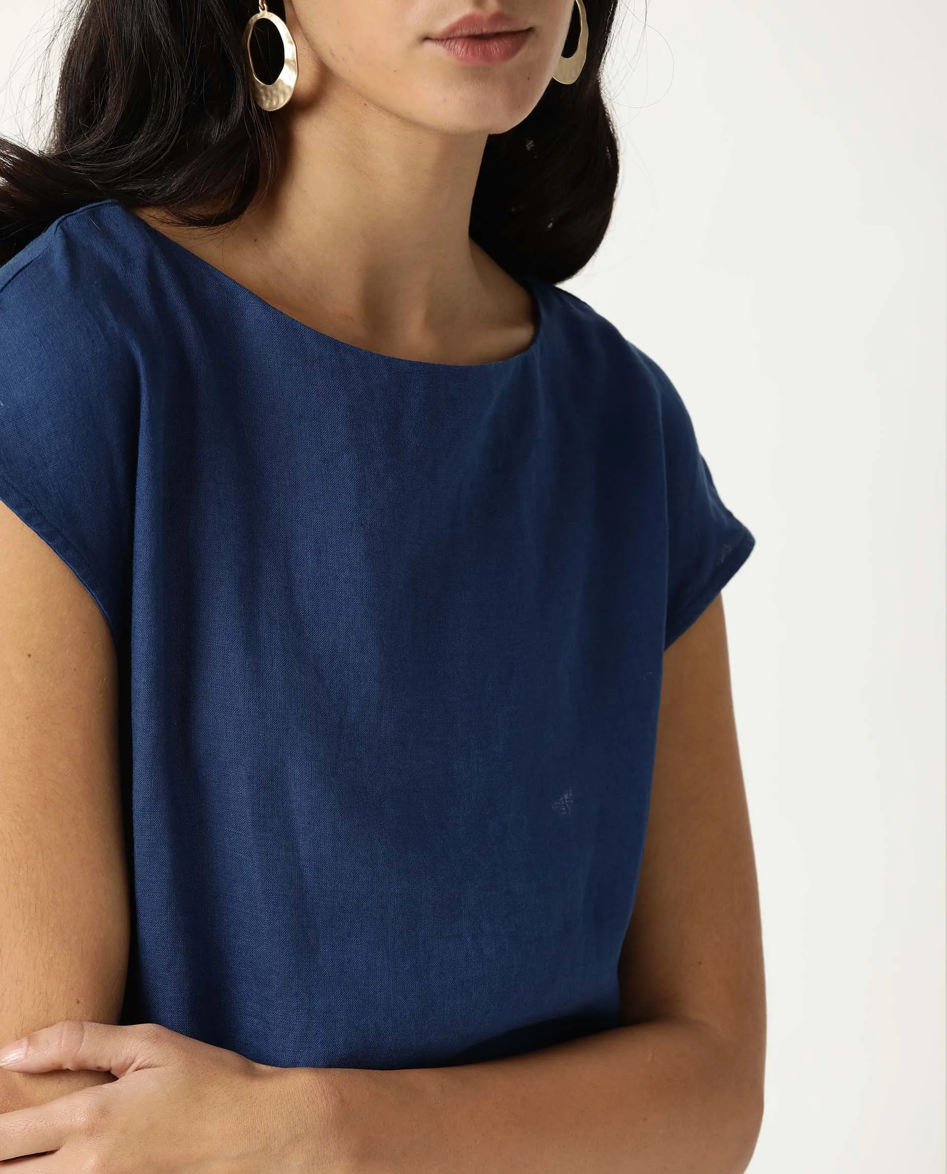 Rareism Women Vita Dark Blue Cotton Linen Fabric Regular Fit Boat Neck Half Sleeves Solid Top