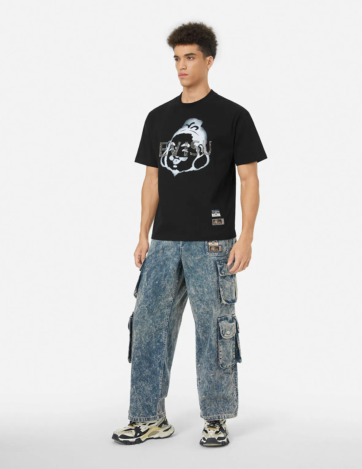 Rhinstone Logo and Godhead Print Relax Fit T-Shirt
