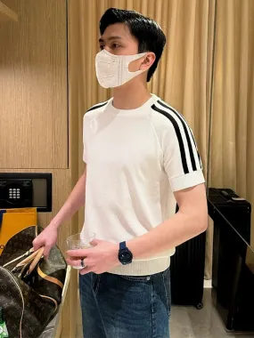 Summer new casual clothes men's knitted sweaters tops fashionable high-end contrast color striped slim fit T-shirt men's short s